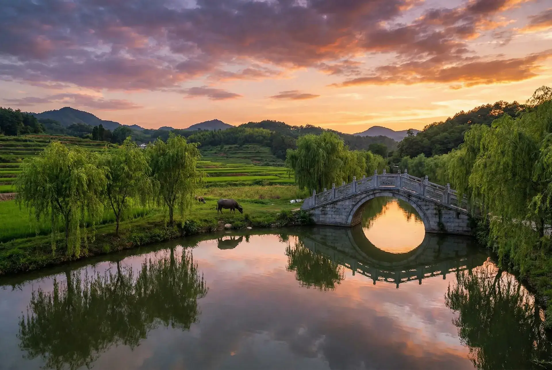 夕阳下的石拱桥与垂柳，水牛在河边吃草 - 大话西游月光宝盒 乡村美景